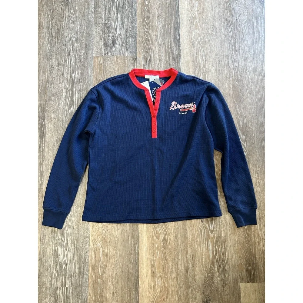Women's Atlanta Braves WEAR By Erin Andrews Navy Waffle Henley Long Sleeve Tshir